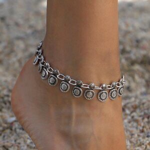 Boho Chic Antic Silver Anklet with Sun Spiral Design - Adjustable Beach Foot Acc